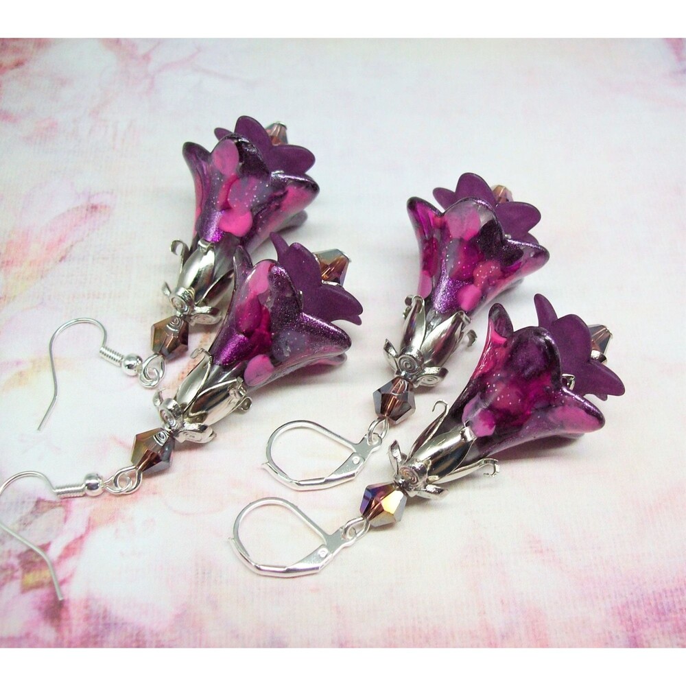 Boho Earrings Dangle, Silver, Hand Painted, Artisan Crafted Flower Jewelry